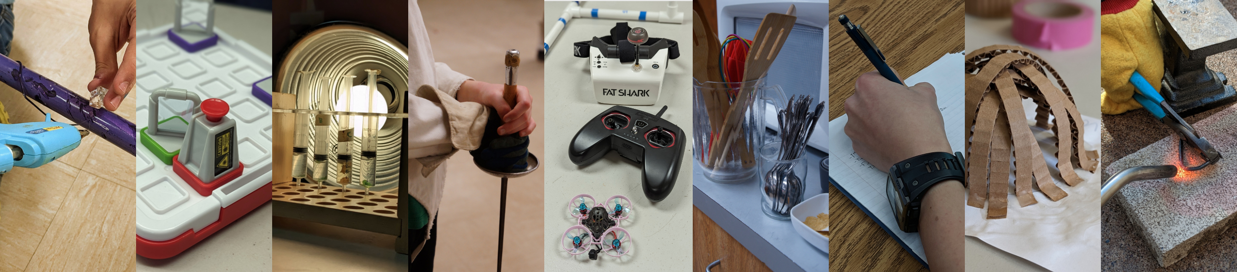 student hot glues a crystal to a staff, table top game, backlit biology experiment, students stands holding a foil, FPV goggles, transmitter and tiny whoop drone, cooking utensils, student's handing w