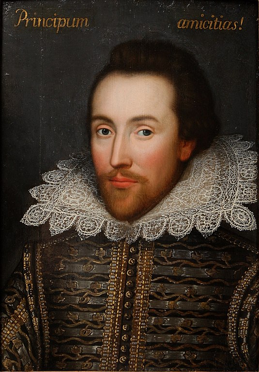 Oil portrait of William Shakespeare at age 46, painted in 1610 during the poet's lifetime, now owned by art restaurateur Alec Cobbe. Unknown artist, possibly photographed by Oli Scarff. National Trust, Public domain, via Wikimedia Commons.