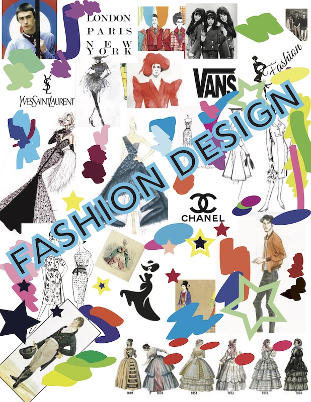 A montage of fashion design sketches and labels by Sarah Beggs and Janet Lewis of FiberWorks MPLS.