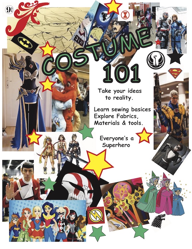 A montage of cosplay ideas by Sarah Beggs and Janet Lewis of FiberWorks MPLS.