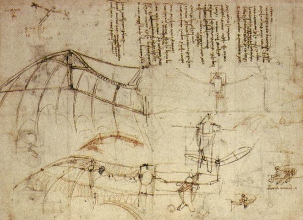 Design for a Flying Machine. Leonardo da Vinci, 1488, Public domain, via Wikimedia Commons.