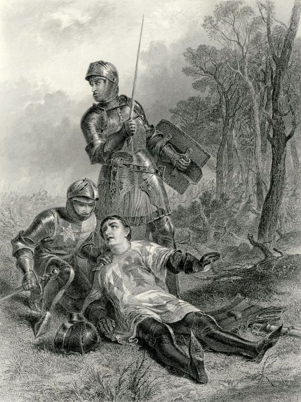 Portrayal of the death of the Earl of Warwick at the Battle of Barnet in 1471 from Henry VI, Part 3, Act V, Scene ii, by William Shakespeare. This engraving was published in the Imperial Edition of the Works of Shakespeare, edited by Charles Knight, published in 1872 by Virtue and Company. Painting by John Adam Houston (1812–1884), engraved by T. Brown, Public domain, via Wikimedia Commons.