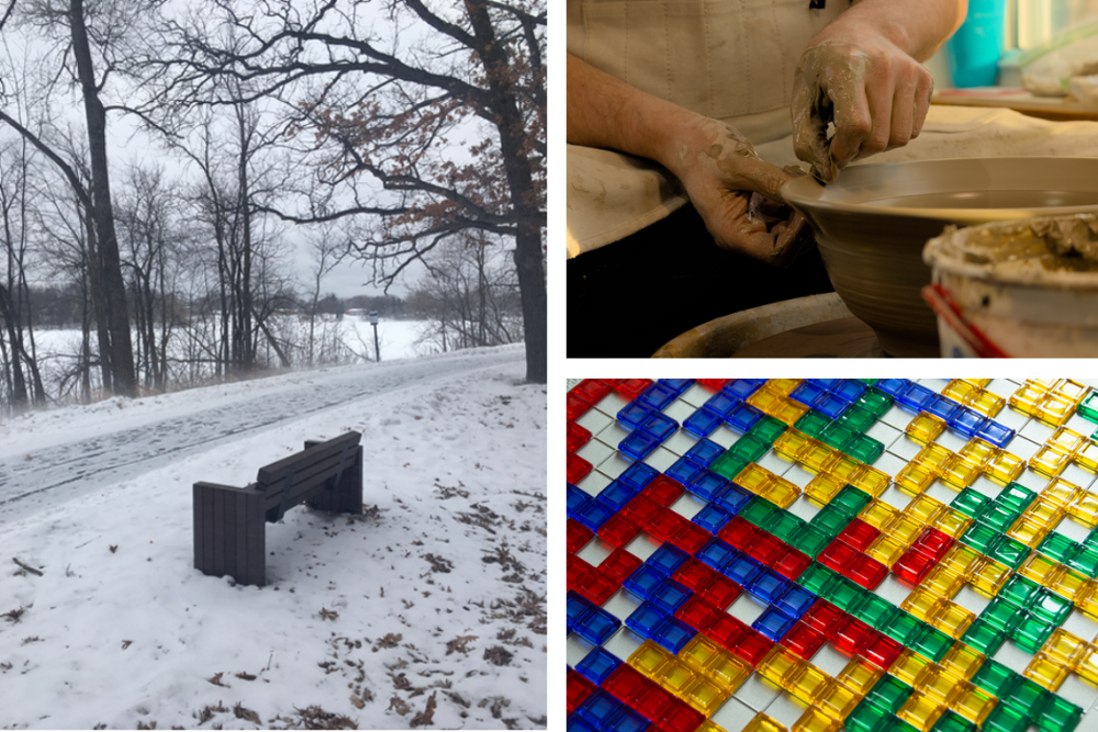 A collage of three photos taken by Spring 2022 photography students. Wintery Bench by Michael Oaks. Craftsmanship by Leah Crain. Blokus by Nolan Boysen.
