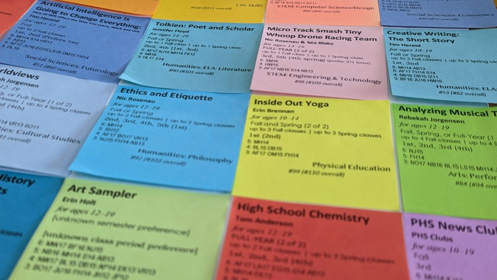Close up some of the the Post-It Notes used to create the 2023-2024 course schedule including instructors availability and schedule preferences.