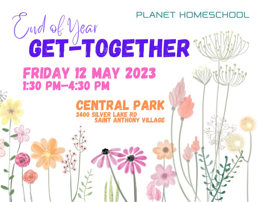 End of Year Get-Together flyer with spring flowers