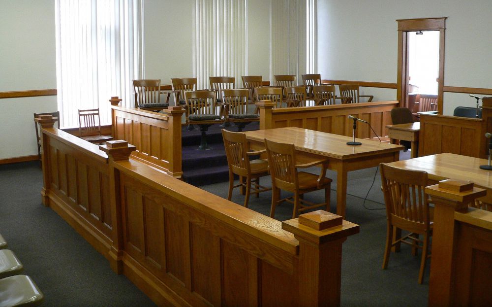 Courtroom in Chase County Courthouse in Imperial, Nebraska. The courthouse was constructed in 1911, in a style described as Tudor Revival or Jacobethan.