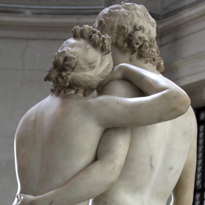 Head and shoulders of the 1795 sculpture of Venus and Adonis by Antonio Canova in the Museum of Art and History (Geneva), as seen from behind.