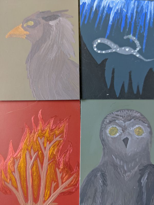 A panel of four paintings: Griffin. Sea serpent. Burning tree. Grey owl.
