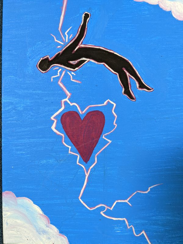 Black silhouette of a falling person struck by electrical shocks from a red heart.