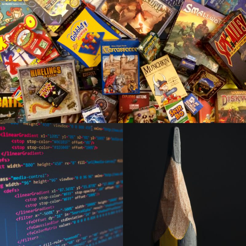 collage of three photos: boardgames, code on a computer screen, and a pencil tip