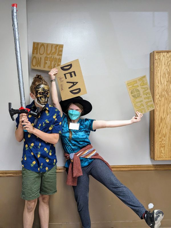 Two students in Rebekah Jorgensen's Spring 2023 class, Topsy Turvy Tales - Collaboration in Theater and Writing.