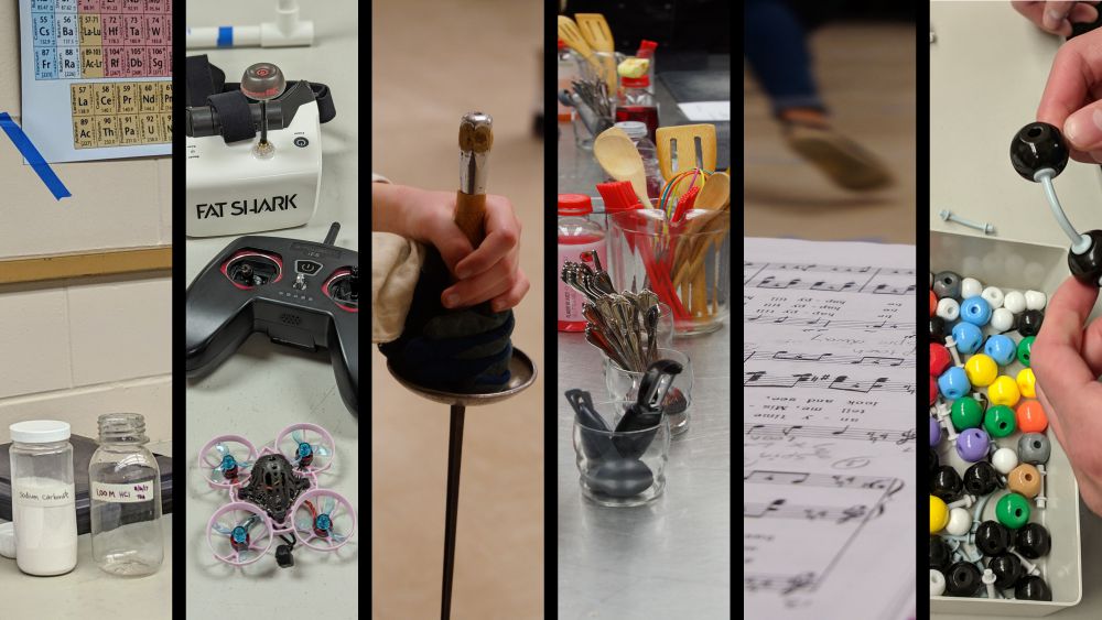 panel of images from classes. Chemistry, Drone Racing, Fencing, How to Boil Water, Babes in Toyland, Biology