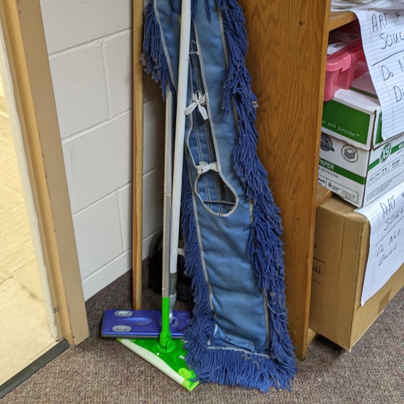 disassembled dustmop, broom and dustpan, Swiffer Sweepers in the PHS clsoet