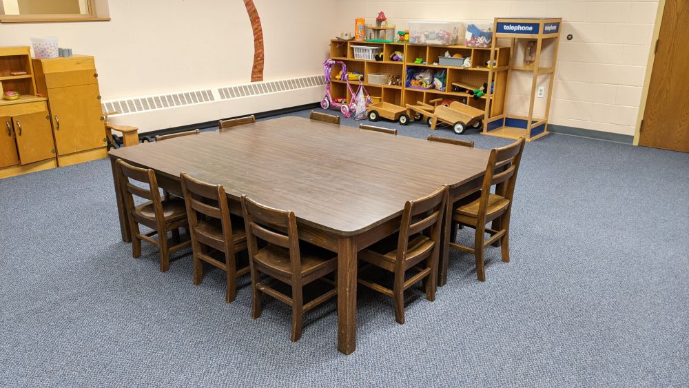 preschool tables and chairs set up to Faith UMC preferences