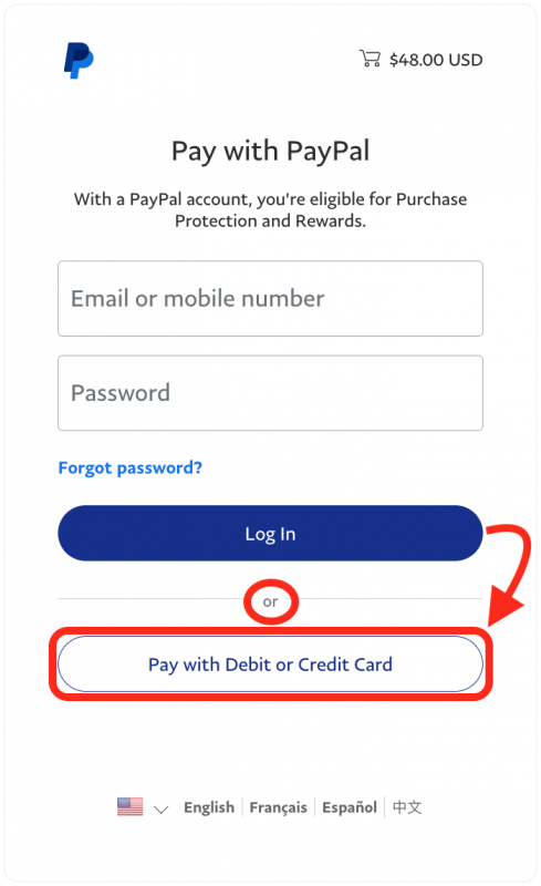 screenshot of the PayPal login window with the card button circled in red