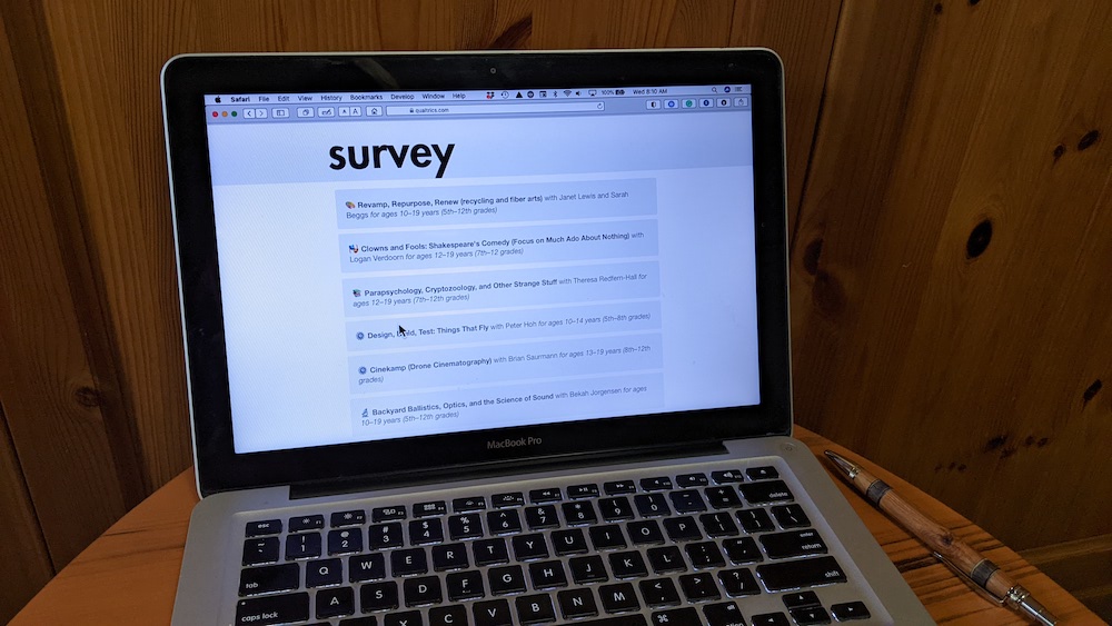 A Qualtrics survey on a MacBook Pro resting on wood topped standing laptop desk with a wood pen next to it. 2022. Photo by Nic Rosenau. CC BY-SA 4.0.