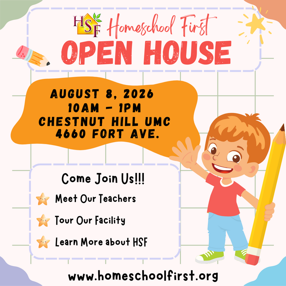 Illustration of a child with short red hair, a red shirt, and blue pants who is holding a giant pencil. Text says Homeschool First Open House August 7 from 10AM-1PM at Chestnut Hill UMC, 4660 Fort Avenue.